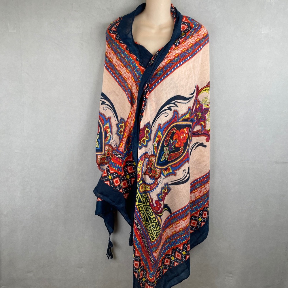 Boho Paisley Medallion Oversized Scarf Sarong Wrap Navy Red Tassels Hippie Airy